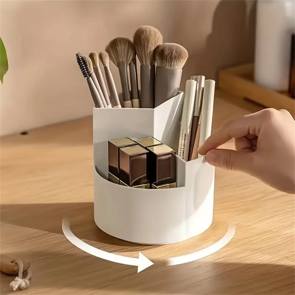 Rotating Makeup Brush Holder 3 Compartments, Cosmetic Supplies Organizer For Pen, Eyebrow Pencil, Makeup Brushes, Desktop