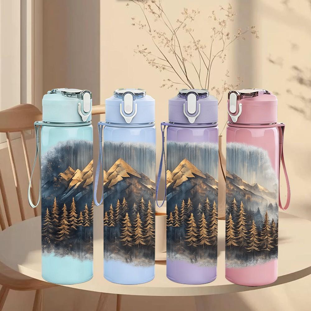 1PC Misty Mountain Forest Landscape 750ml Color Plastic Sports Water Bottle Leakproof Flip Straw Lid Suitable for Sports Office Home Use
