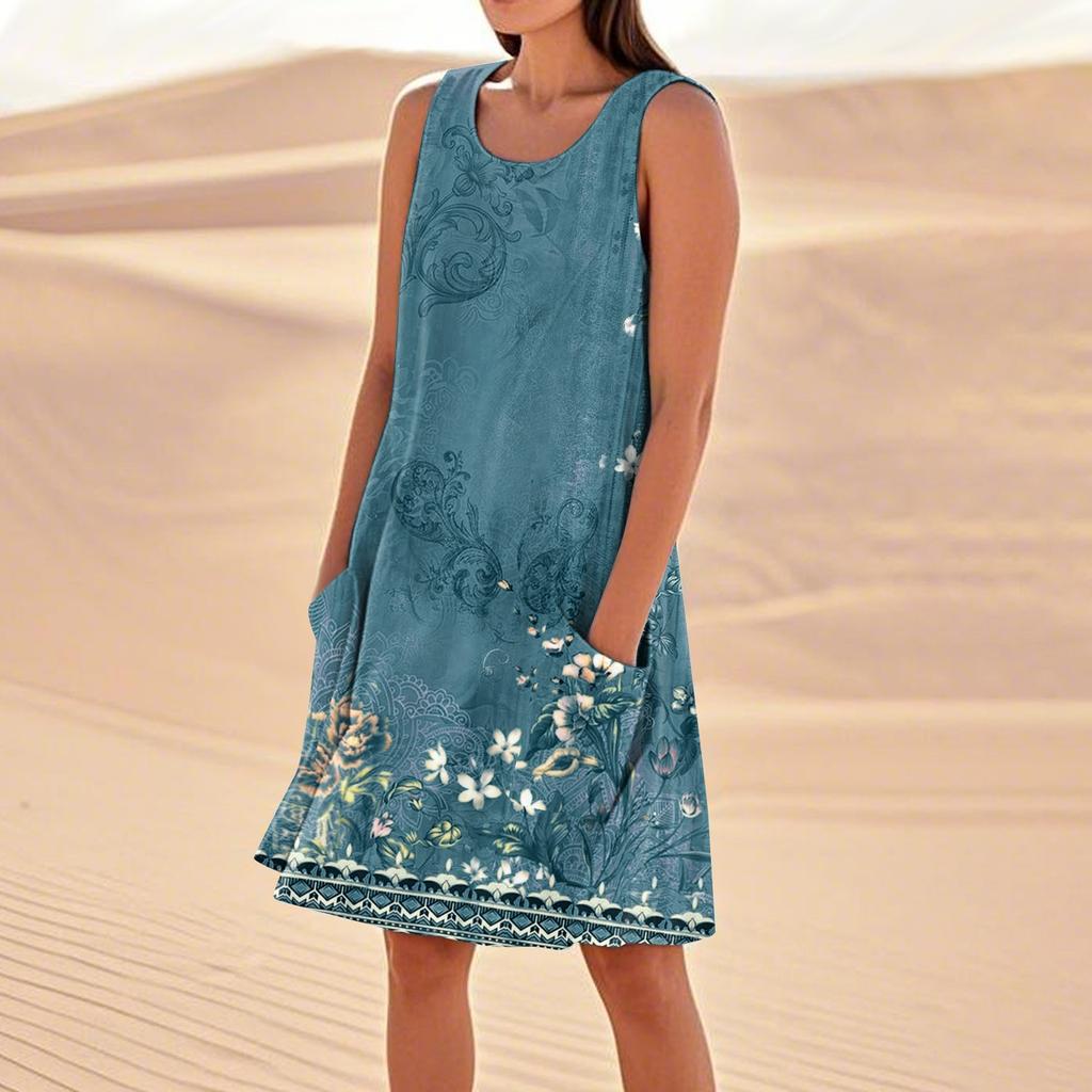 Летние платья для женщин, свободные пляжные повседневные сарафаны без рукавов с карманами, платье-майка