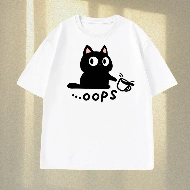 Забавная футболка с принтом черного кота Meow Meow для женщин, повседневная уличная одежда, футболка с круглым вырезом