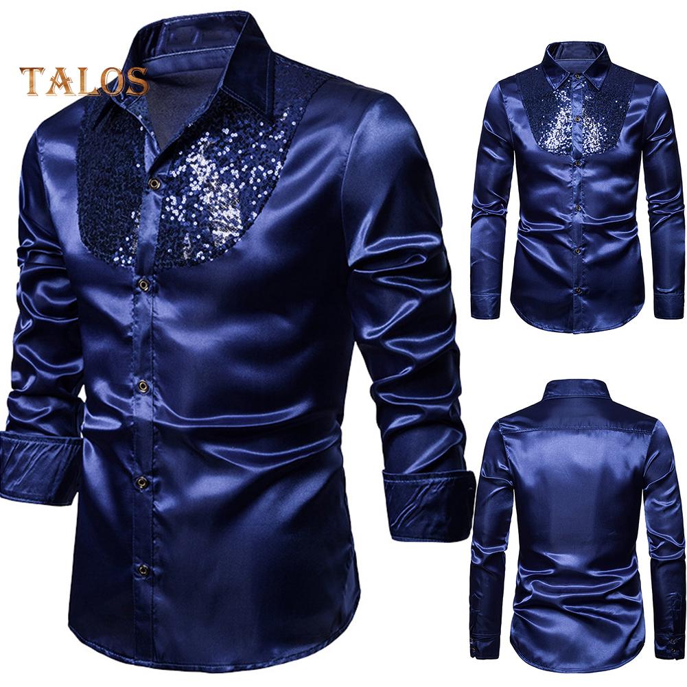Men Solid Color Long Sleeve Shiny Sequins Buttons Stage Business Nightchlub Shirt