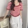 Summer Chic Striped Short Sleeved T-shirt for Women Square Neck Contrasting Color Slim Fit Slim T-shirt Versatile Short Style Knitted Upper Garment