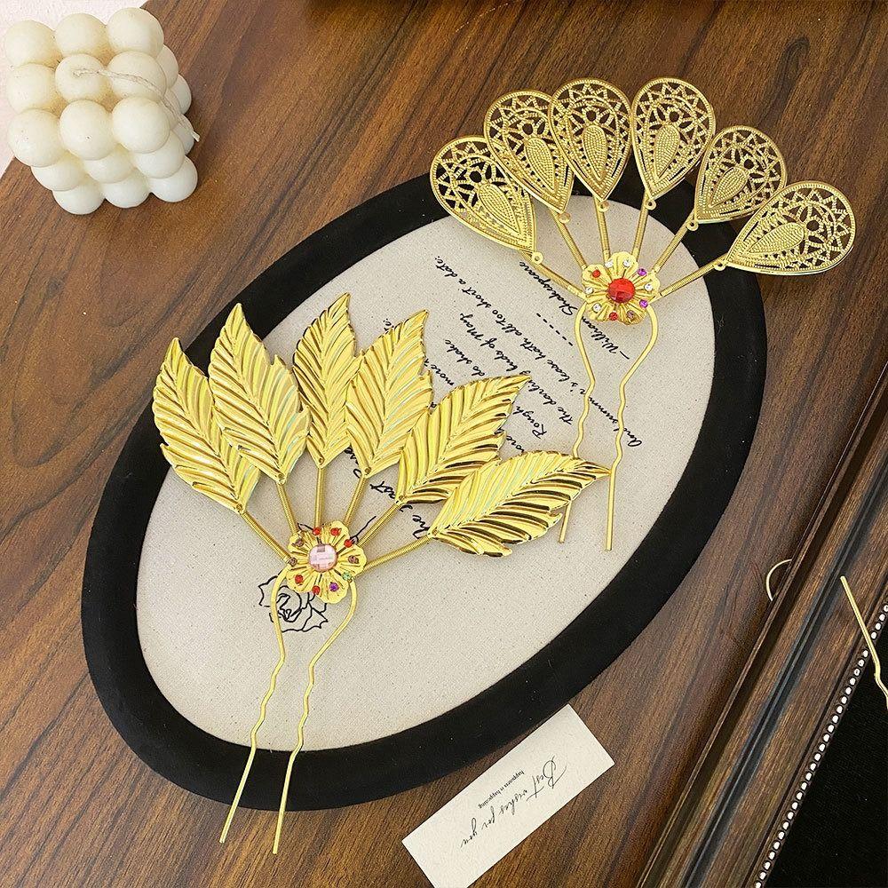 Flower Thai Hair Sticks Rhinestone Gold Hair Fork Antique Ethnic Style Hair Accessories  Hanfu