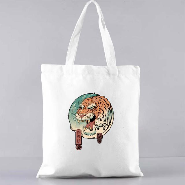 Fashion Shopping Bag Casual Canvas Shoulder Bag Commuter Reusable Japanese Cat Pattern Print Harajuku Bag