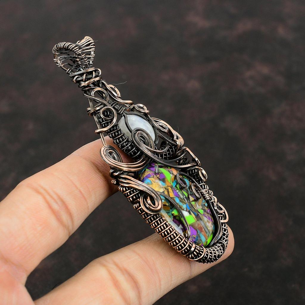 Fiesta Kingman бирюзовый кулон с медной проволокой, обернутый драгоценным камнем, многоцветный медный бирюзовый кулон, радужный лунный камень, ювелирное украшение в подарок для нее