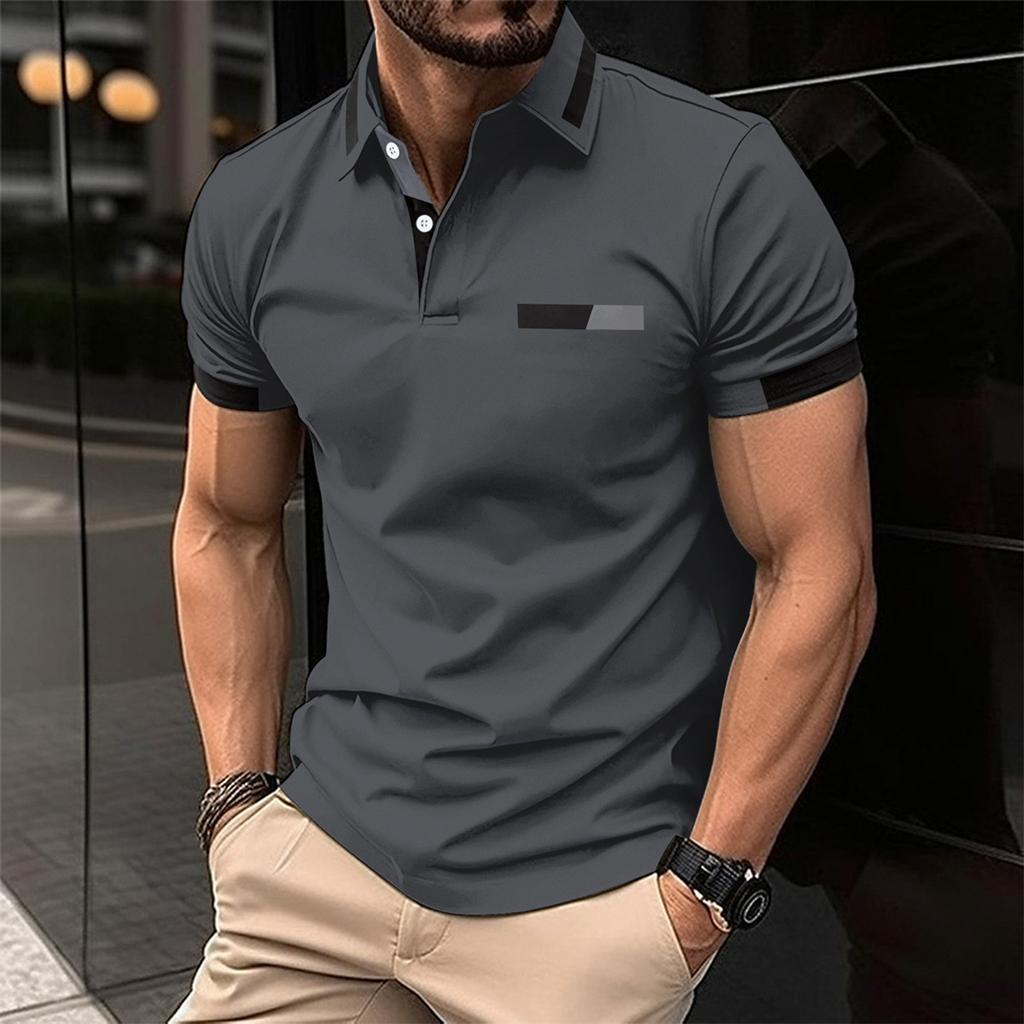 New Men's Casual POLO Shirt Chest False Pockets Lapel Buttons Business T-shirt Tops Male