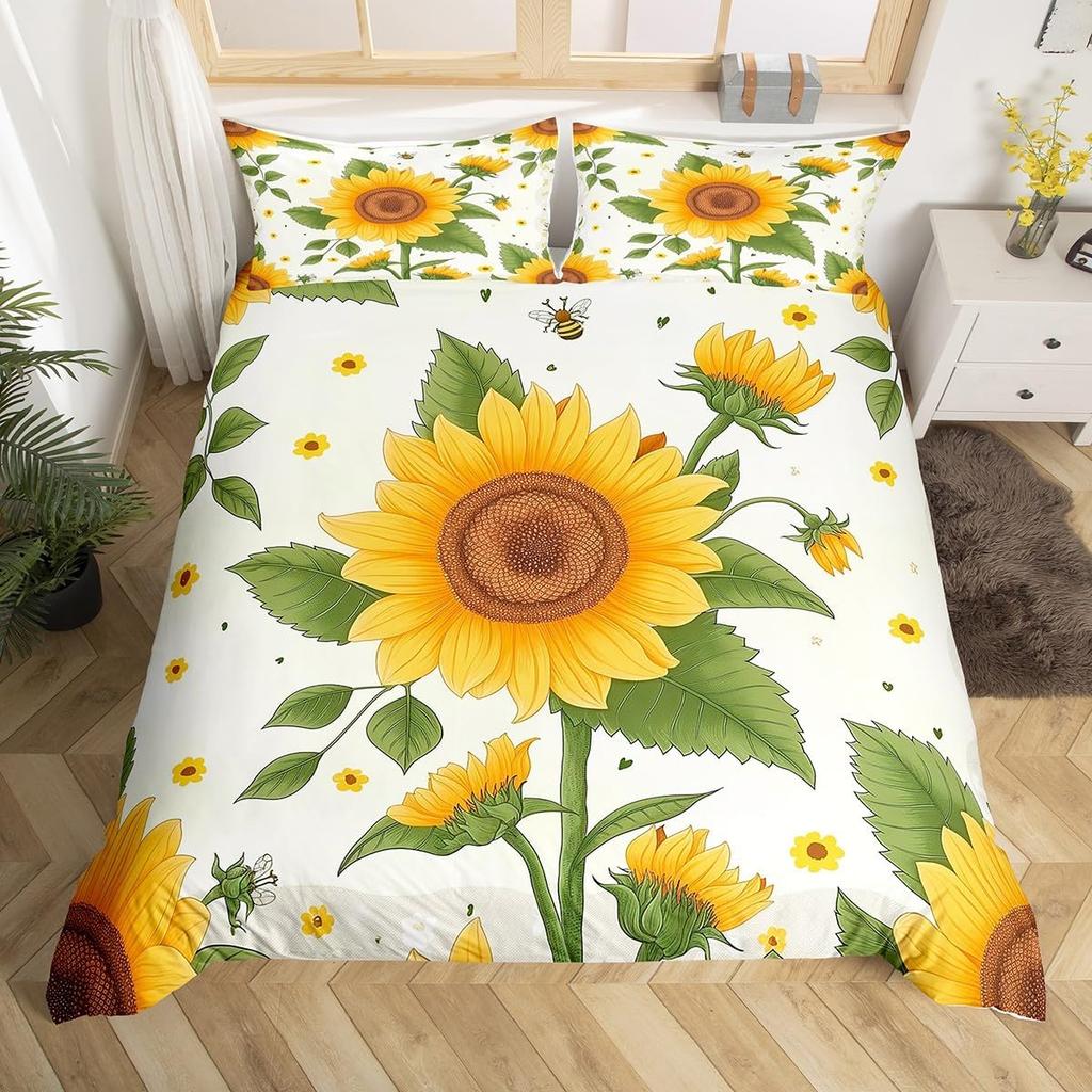 Bee Duvet Cover Twin Honeybee Bedding Set Farmhouse Wild Animal Comforter Cover Boho White Daisy Flowers Floral Wreath Bed Set