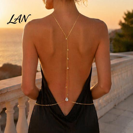 Thin Body Chain Rhinestone Waterdrop Back Chain, Bridal Wedding Backless Dress Backdrop Women Waist Necklace, Adjustable Sexy Jewelry for Tassel