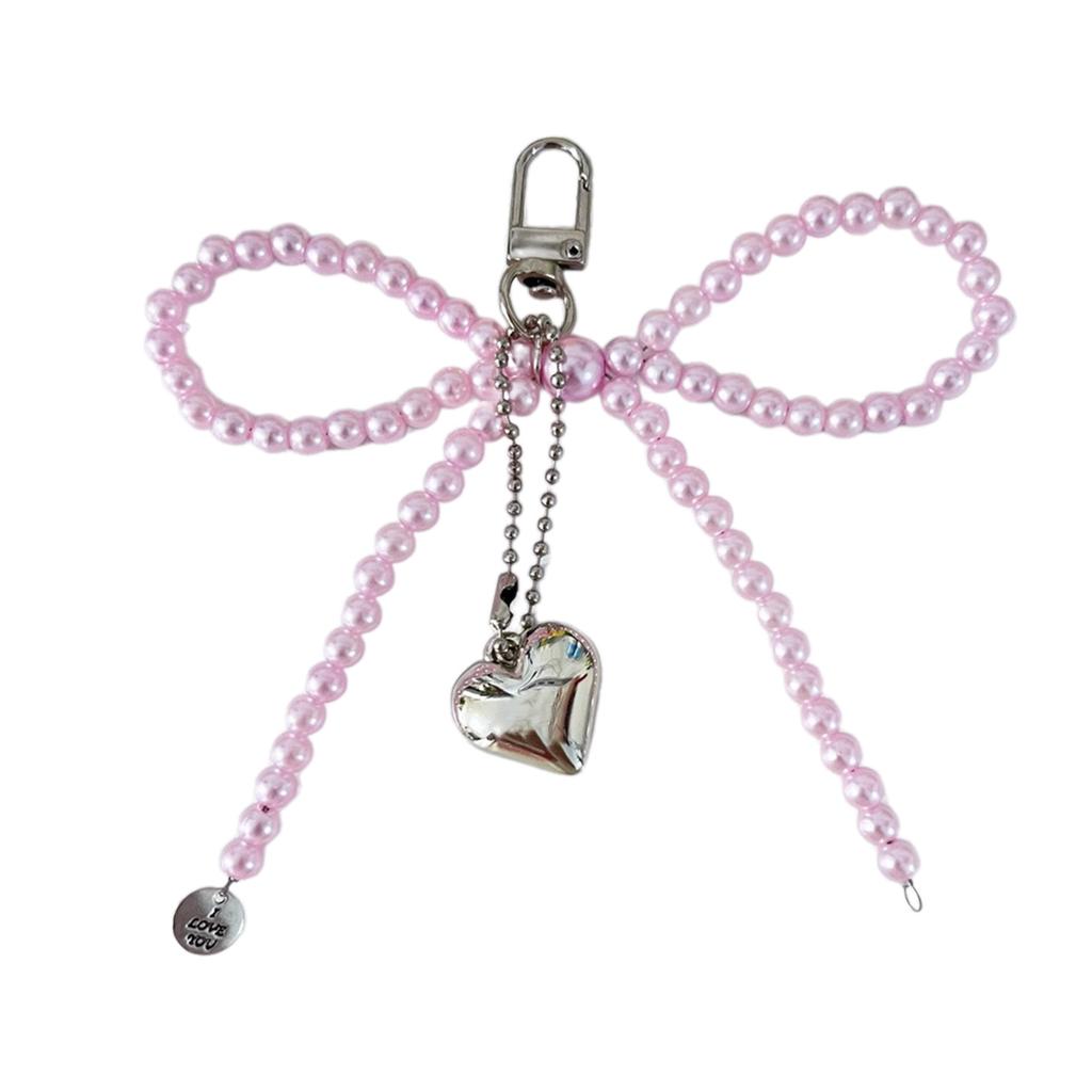 Sweet Pearls Bowknot Keychain Charm Pendant Handmade Heart Keyring for Women Fashionable Backpack Jewelry Ornament