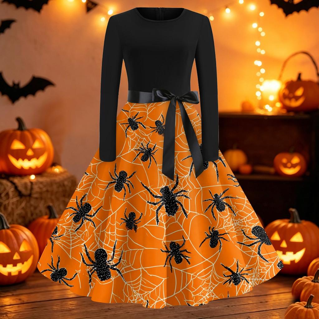 Womens Casual Long Sleeve Dress Halloween Print Round Neck Fit and Flare Midi Dress with Waist Tie and Full Skirt