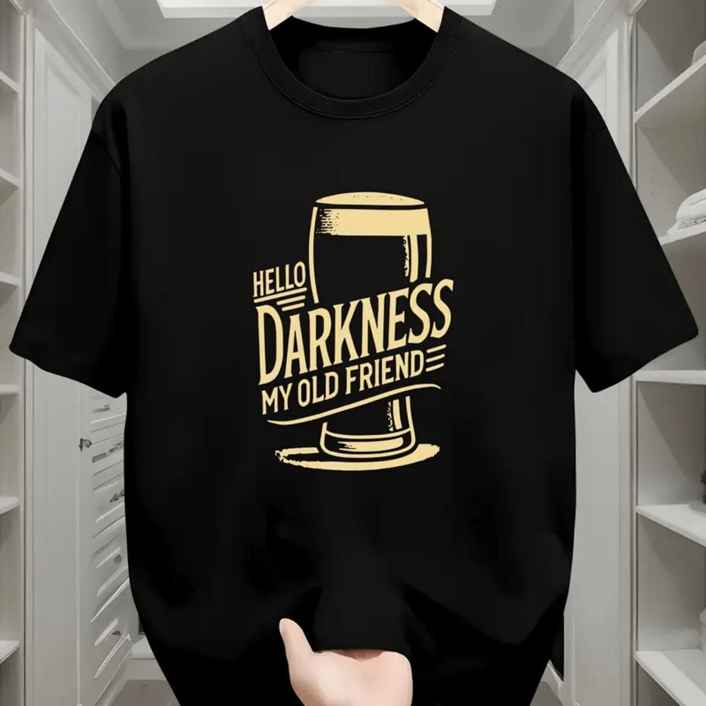 Men's Funny Beer Lover T-Shirt Hello Darkness My Old Friend Graphic Tee Shirt with Golden Print Men Clothing Comfortable