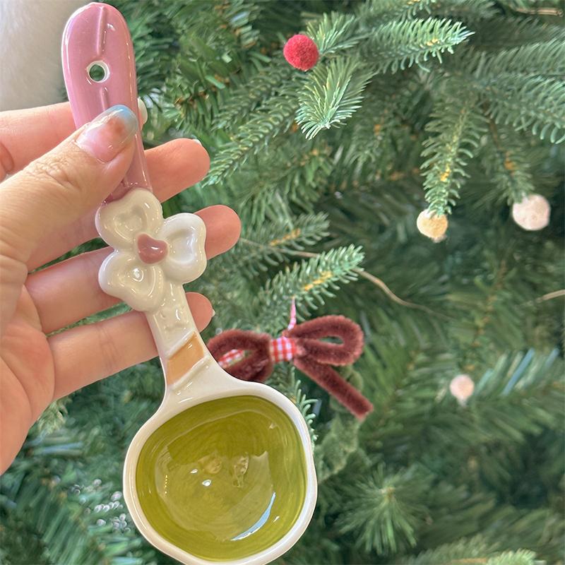 Kawaii Cherry Ceramic Soup Spoon Cute Korean Ice Cream Hand Painted Dessert Spoon With Long Handle Kitchen Tableware Accessories
