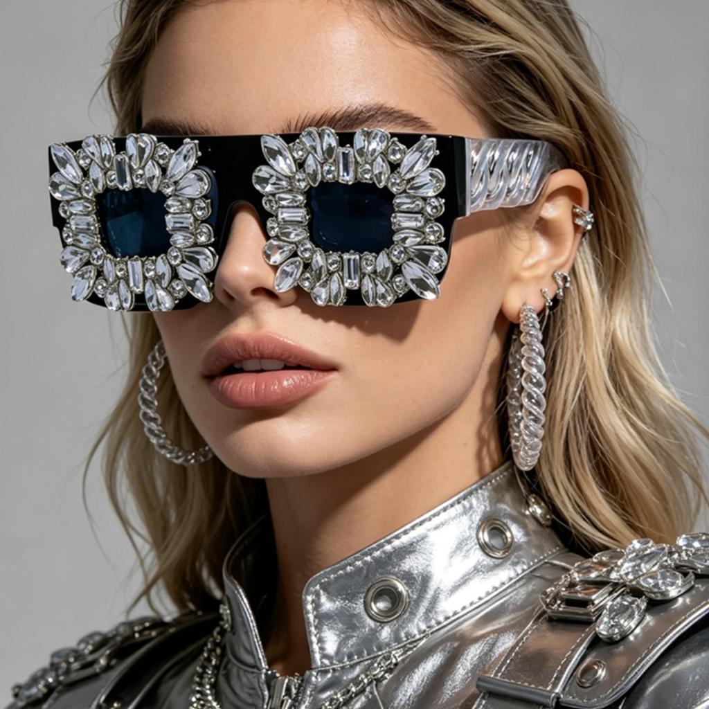Heavy Industry Diamond-encrusted Square Sunglasses, Retro Luxury Party Dinner Nightclub Exaggerated Stage-styling Sunglasses