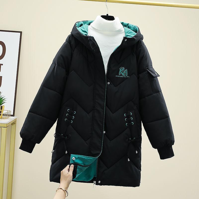 Зимние свободные утолщенные женские парки средней длины с длинным рукавом и черным пальто с капюшоном