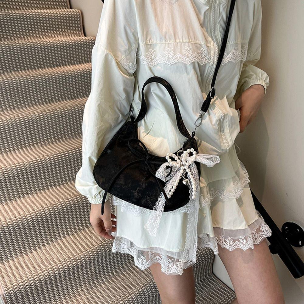 Lace Pearl Pendant PU Hobo Bag Large Capacity French Style Handbag Bow Shoulder Bag Outdoor