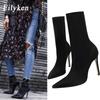 Winter Fashion Stretch Fabric Socks Ankle Boots Women Pointed Toe Thin Heels Slip-On Shoes Female Pumps