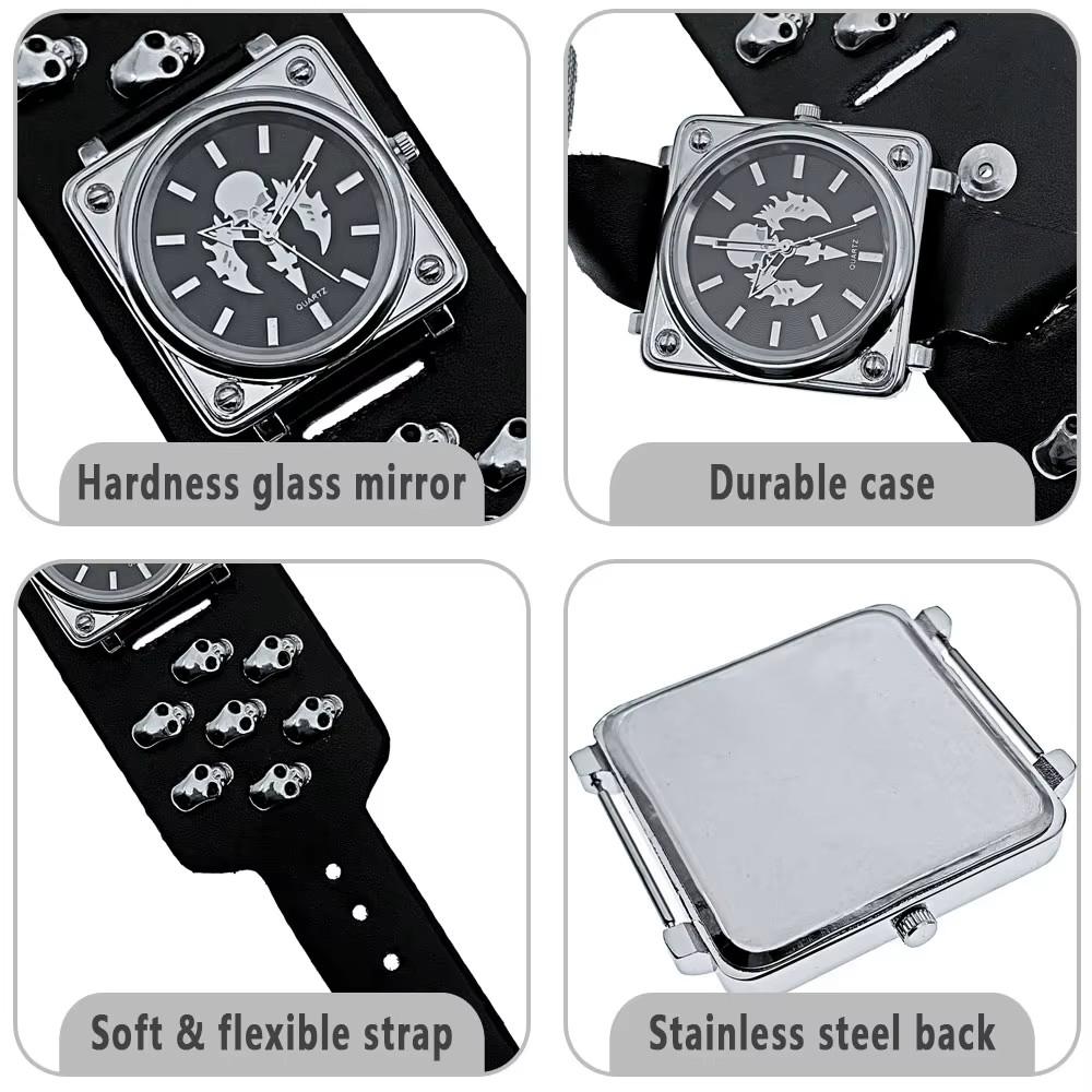 Роскошные часы с квадратным циферблатом, металлическим черепом, в стиле стрит-панк, рок, готика, винтаж, ретро, кварцевые, с ремешком из ПУ кожи, мужской браслет-манжета на Хэллоуин