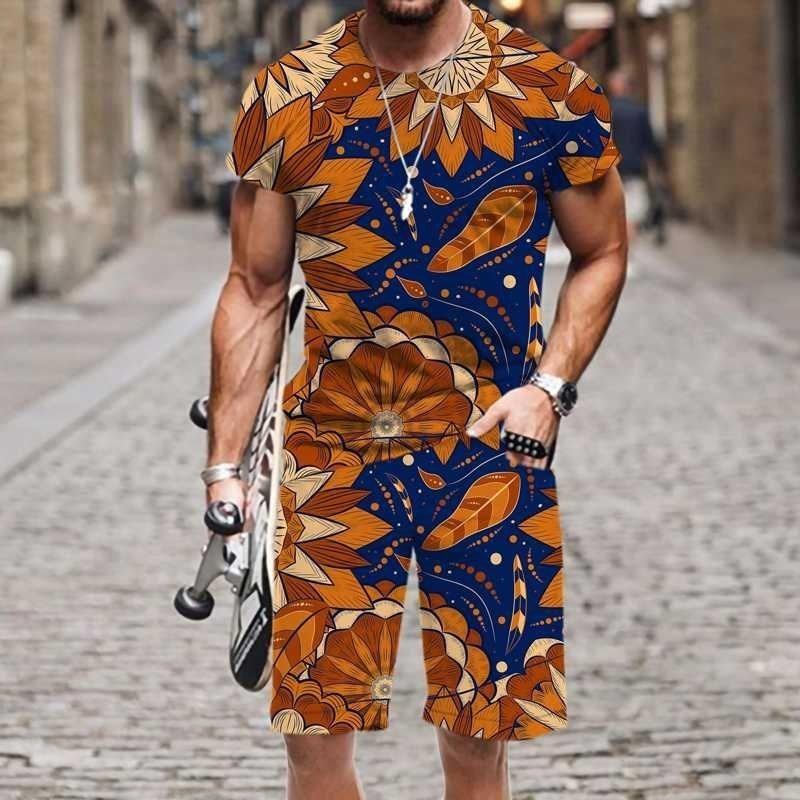 Summer Fashion Casual Men's Suit Vintage Pattern 3D Printed Sportswear Short-sleeved Suit Oversized Round Neck T-shirt Shorts 2-piece