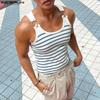 Men Sleeveless Stripe Vest Buckle Button Slim Fit Tank Top