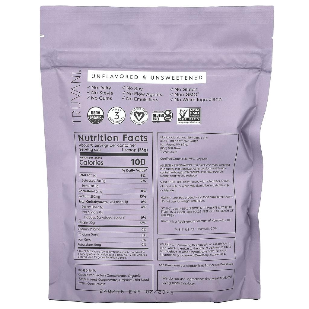 Truvani, plant-based protein, unflavored, unsweetened, 9.88 oz (280 g)