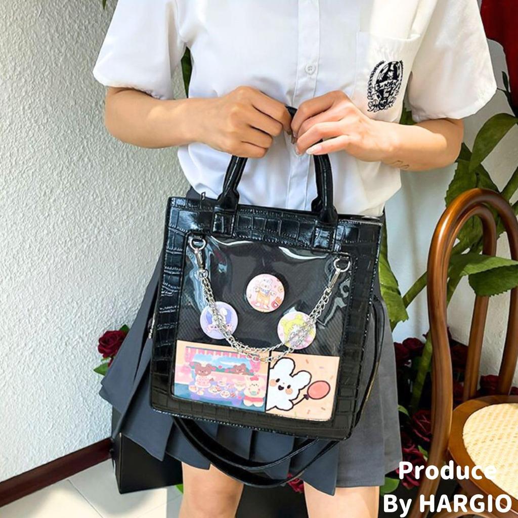 Harujio Ita Mini Tote Crocodile Ita Bag Bag, Small, 2-Way Bag/Shoulder Bag, Cute, High-Quality Print, Black/White, (Black)