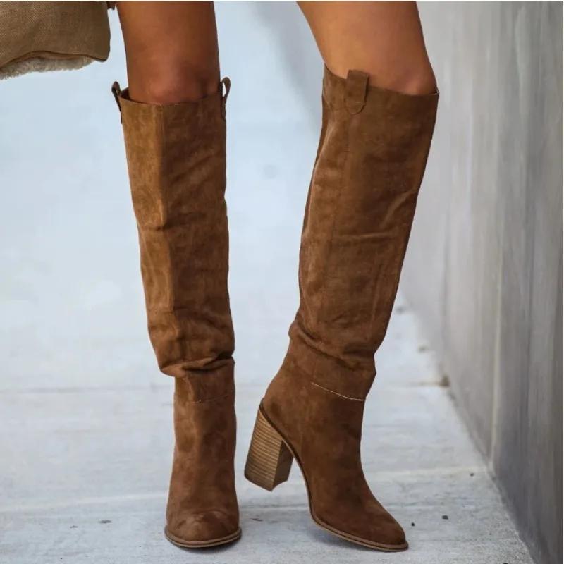 Fashion New Style Popular Women Fashionable Casual Vintage Retro Long Knee-high Cowboy Boots Square Heels Shoes Boot Woman Zapatos Mujer