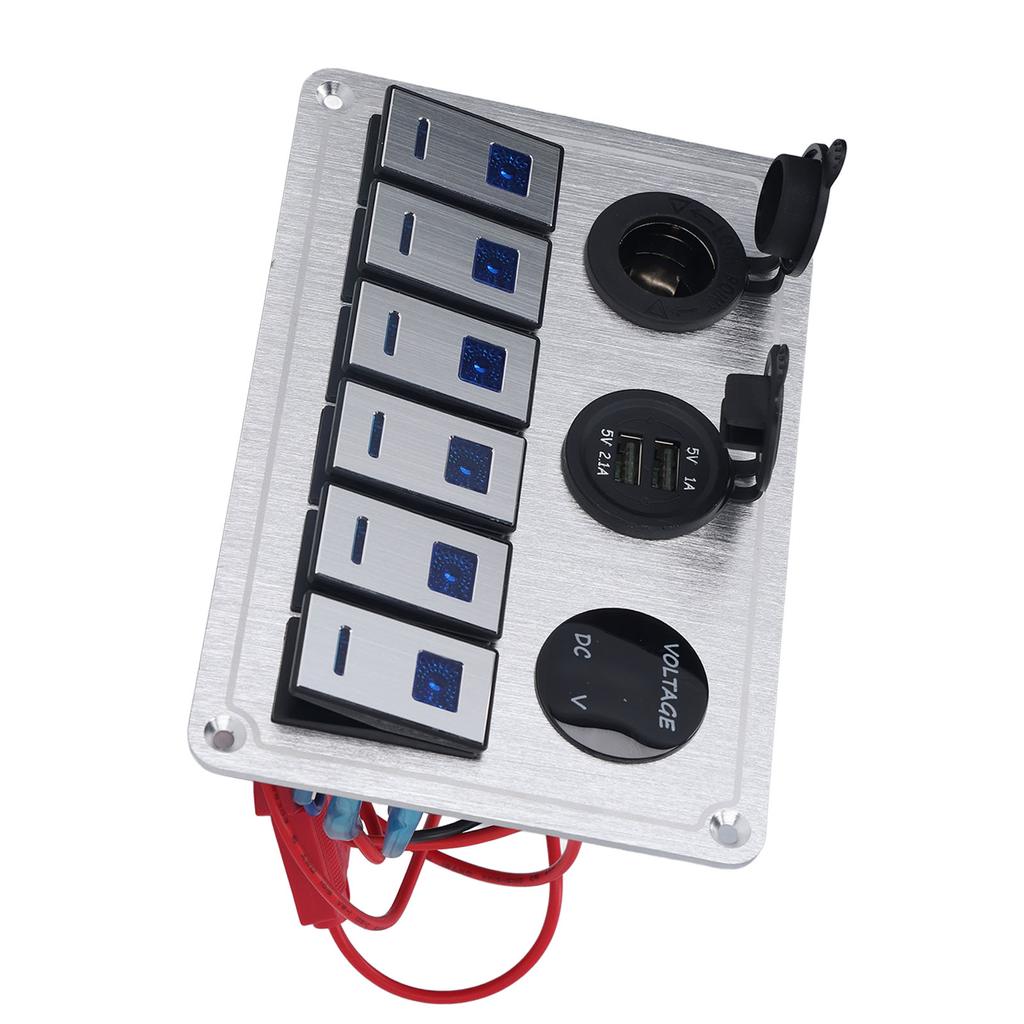 Панель переключателей Rocker Switch 6 Gang On Off Blue LED Light 2.1A Dual USB Charger Port Алюминиевый сплав для автомобиля