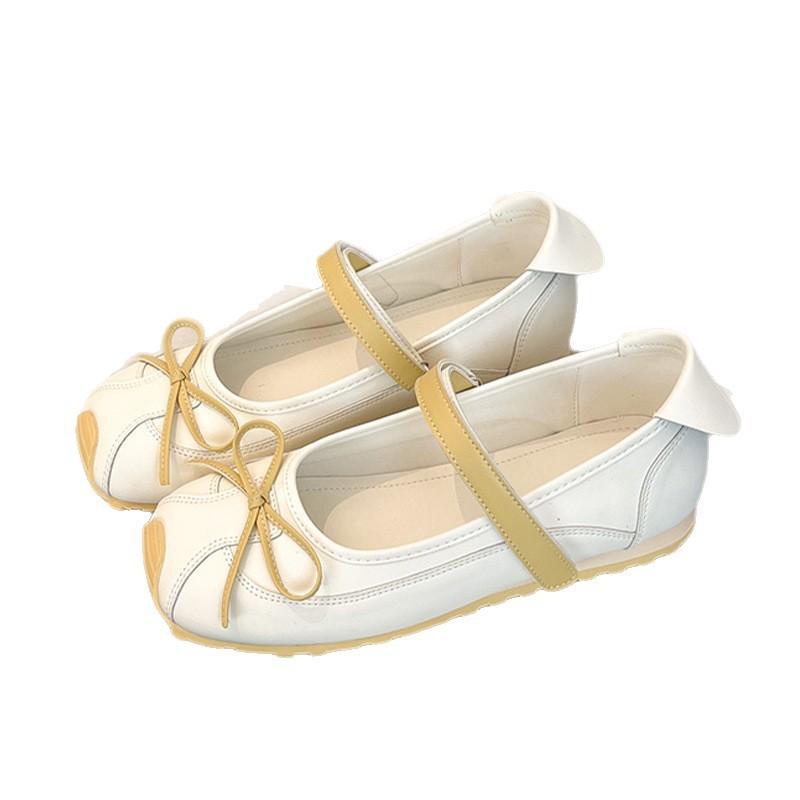 French sweet bow light mouth ballet single shoes women's skirt round head Velcro word with Mary Jane shoes