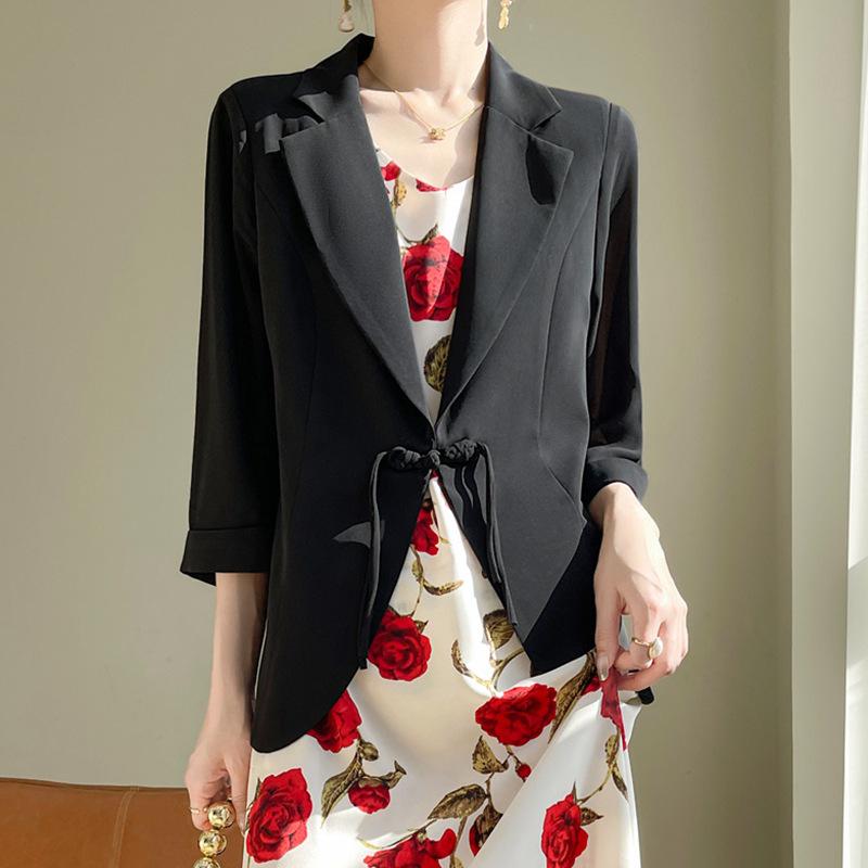 Женский белый шифоновый пиджак - лето 2024, элегантный дизайн, застежка на пуговицы, рукава три четверти