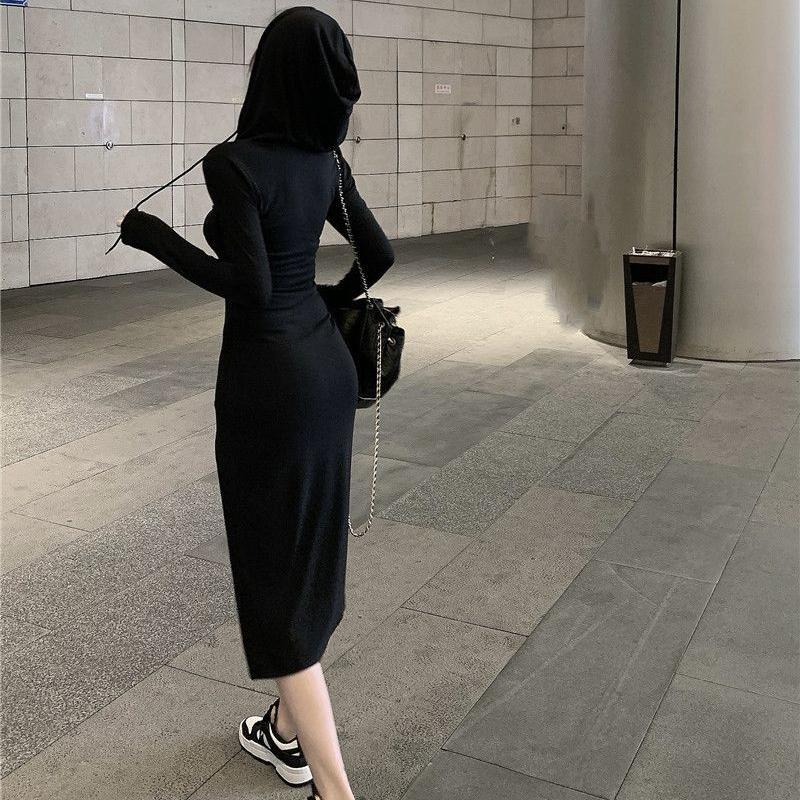 Y2k Bodycon Hood Dress Women Fall Casual Wrap Split Hooded Dresses Korean Fashion Kpop Long Sleeve Robes Female