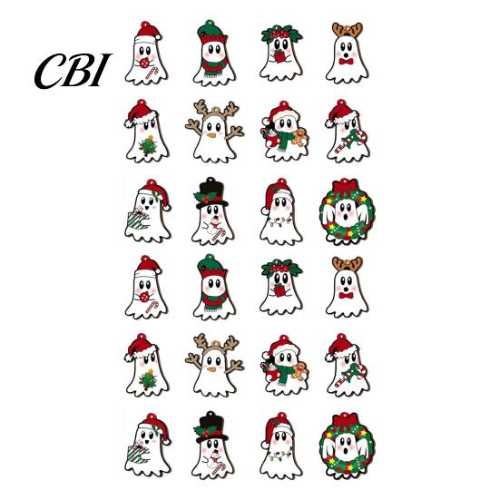 Halloween Christmas Hybrid Decor Ghost Ornaments, Wooden Tree Decorations with Santa Hats Cute Holiday Window Gothic Skull, Hanging Xmas Winter