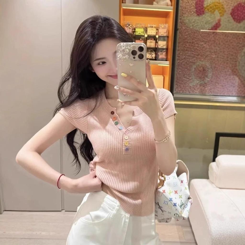 Korean-Inspired Colorful Button V-neck Knitted Top - 2025 Summer Chic Slimming Fashion for Women