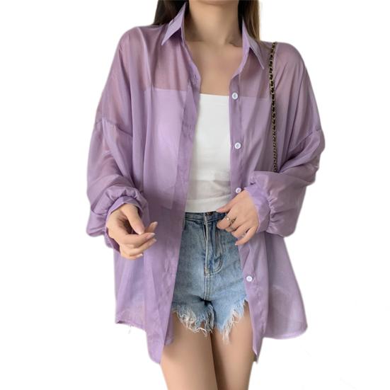 Summer Sun Protection Shirt Lapel Long Sleeve Button Down Shirt Pearlescent Chiffon Sunscreen Jacket Cover-up Outerwear