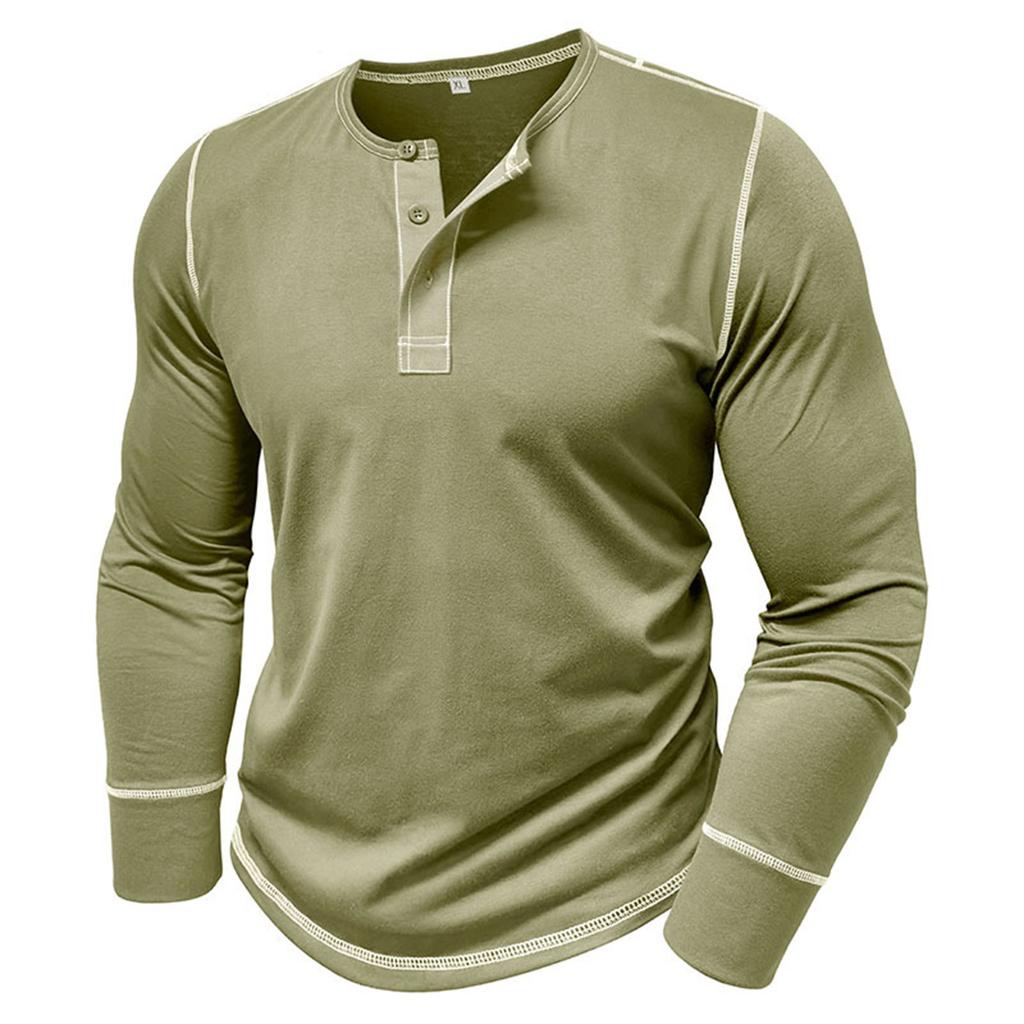 Men's Long Sleeve Shirt Men's Round Neck Button T-Shirt Color Block Top