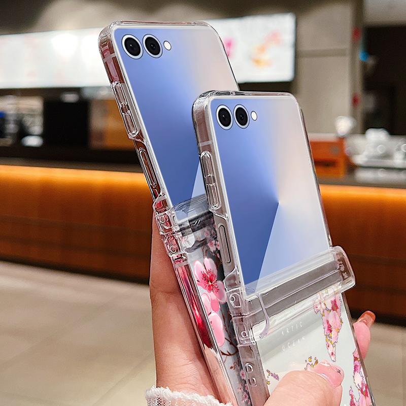 Розовый Цветочный Принт Чехол Для Телефона Для Samsung Galaxy Z Flip7 Flip6 Flip5 Flip4 Flip 7 FE 6 5 3 5G Прозрачный Жесткий ПК Складная Задняя Крышка