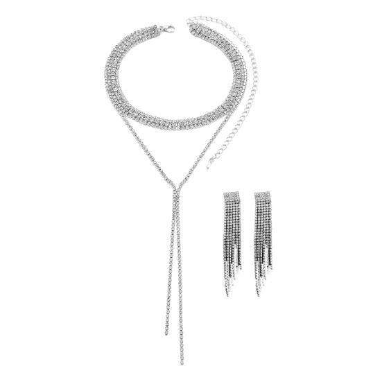 2 Pcs/Set Women Necklace Earrings Set for Formal Banquet And Prom Multi-layered Tassel Rhinestone Adjustable Chain Wedding Bride