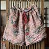Women Vintage Wide Leg Shorts Pants Elastic Waist Print Floral Elastic Waist Shorts Summer Belt Shorts