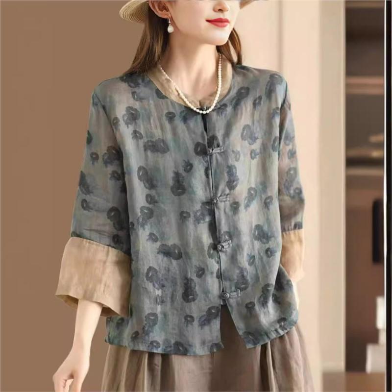 Johnature Women Chinese Style Print Floral Shirts Button Seven Sleeve Tops Summer Stand Vintage Women Blouses