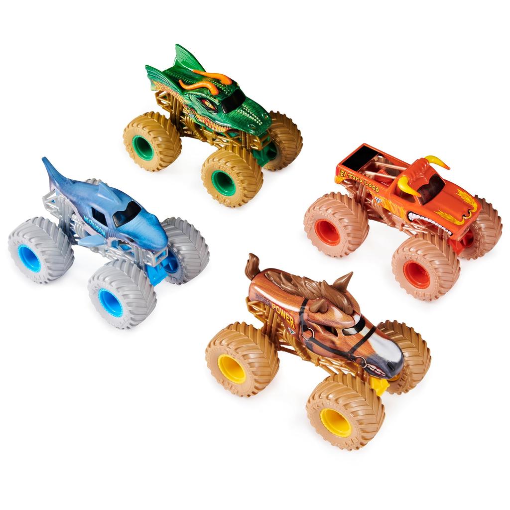 Monster Jam Power Beasts Monster Truck 4-Pack (El Toro Loco, Megalodon, Dragon and Horsepower), 1:64 Scale, Kids' Toys for Boys and Girls, Ages 3+