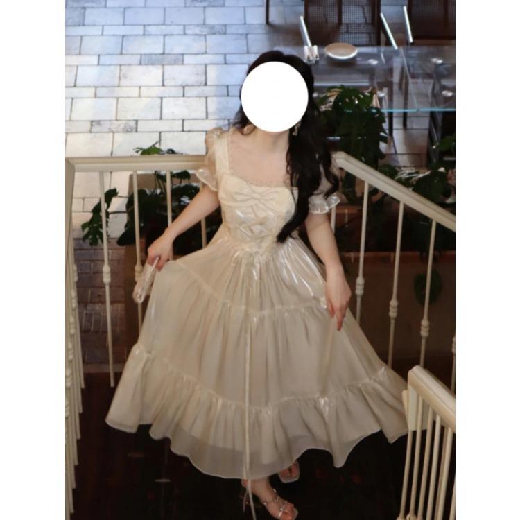 Элегантные женские платья с коротким рукавом, вечернее платье во французском стиле, тонкое повседневное однотонное платье с квадратным воротником и бантом, новое весенне-летнее платье