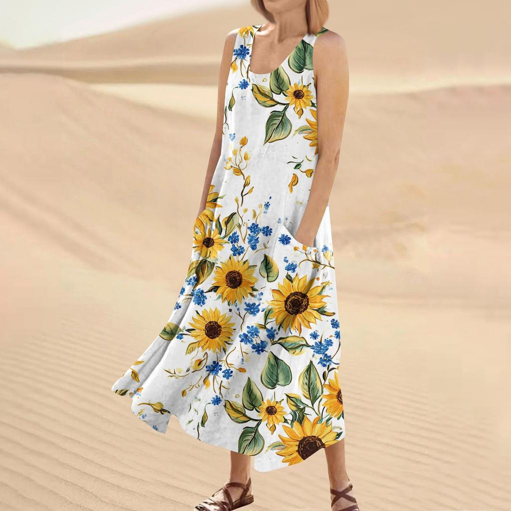 Женское летнее повседневное модное платье без рукавов с круглым вырезом и карманом с цветочным принтом