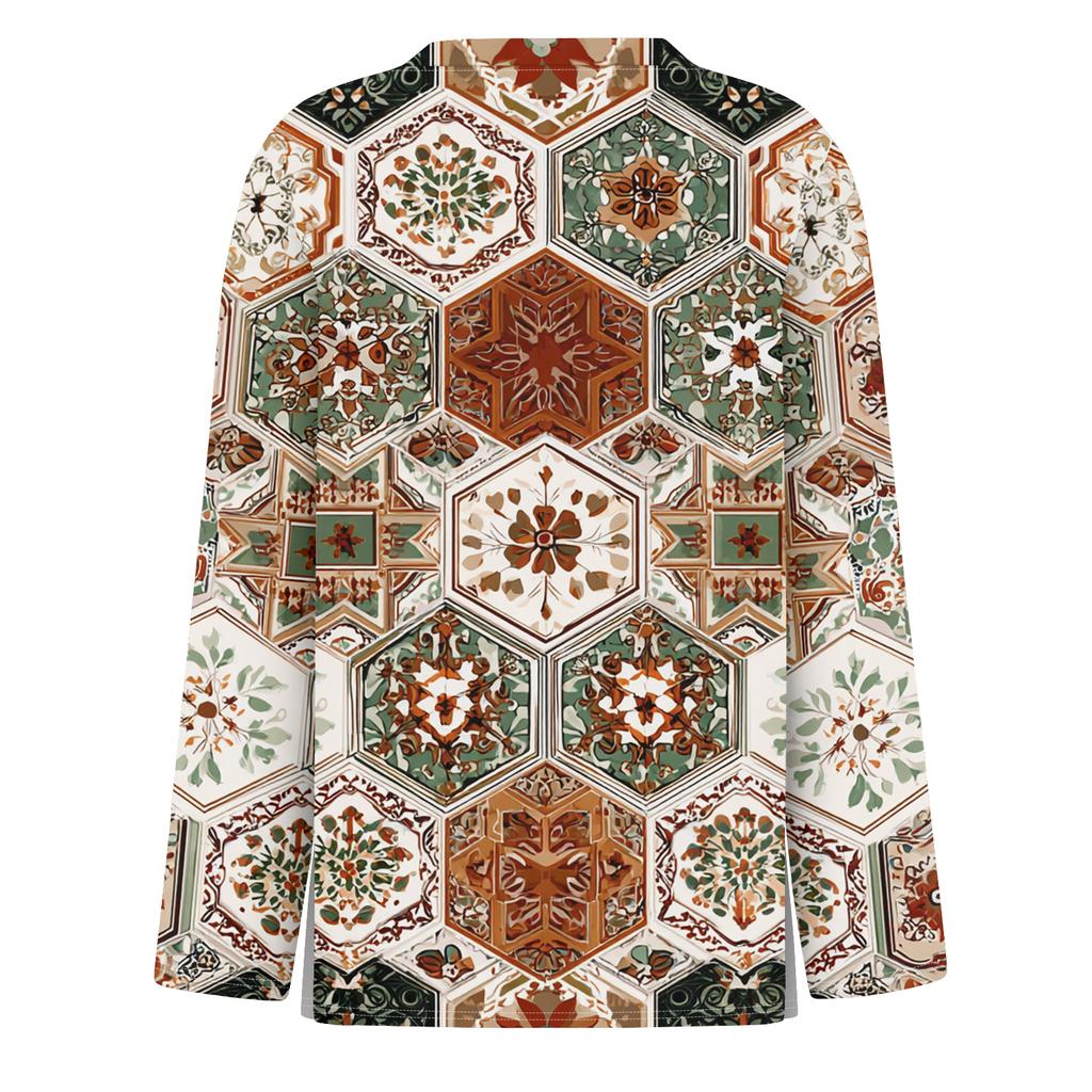 Women's Fashion Hem Slit Casual Retro Floral Print Round Neck Long Sleeve Top