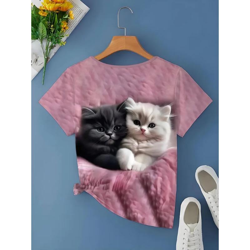 Casual Fashion Simple Abstract Painting Animal Black and White Cat Breathable 3D Printed V-neck Short Sleeve T-shirt Casual Sports Shirt