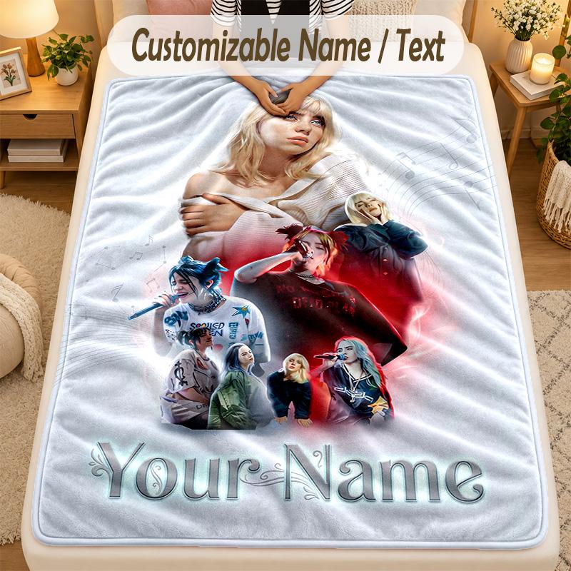 Flannel BlanketBillie Eilish Custom Name Text Personalized Soft Warm Throw Blanket Home Decor Gift
