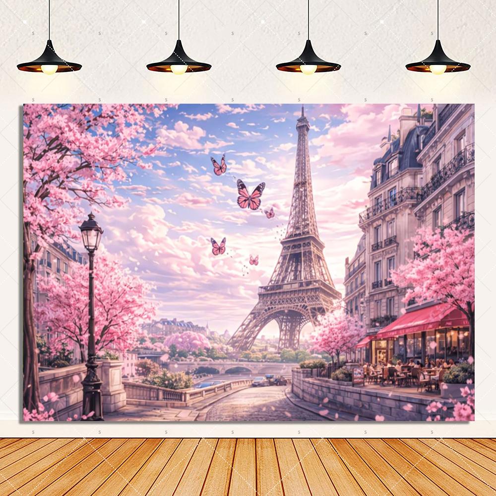 Cityscape Backdrop with French Eiffel Tower, Flower Lake Party Decorations, Wedding Birthday Supplies, Accessory Banner2030
