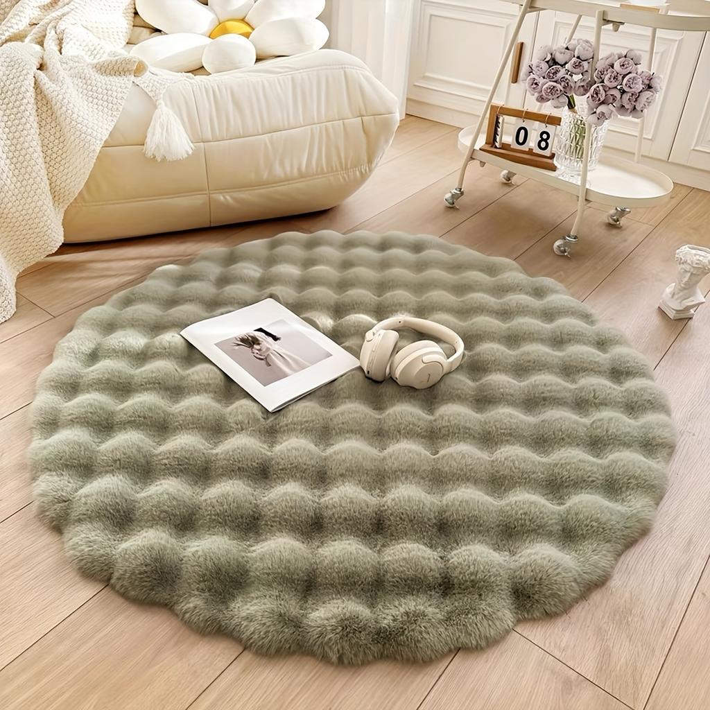 Fluffy Bubble Fleece Rug, Round Soft Carpet 90x90cm, Easy Clean Home Decor Mat for Bedroom Living Room, 4 Colors