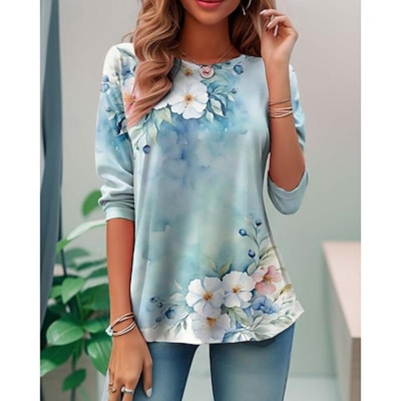 Женская туника футболка мода повседневный принт длинный рукав обычные топы круглый вырез повседневный синий небесно-голубой весна осень
