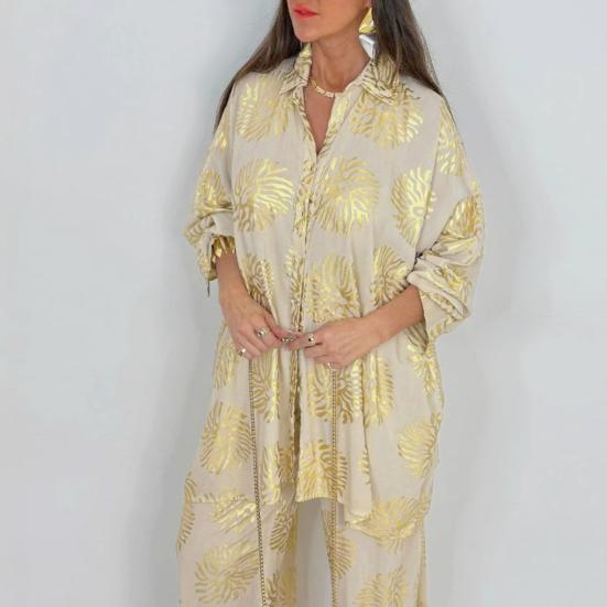 Женские костюмы-двойки с крупным принтом, рубашка на пуговицах с длинным рукавом, брюки с широкими штанинами на резинке, повседневный костюм для отдыха