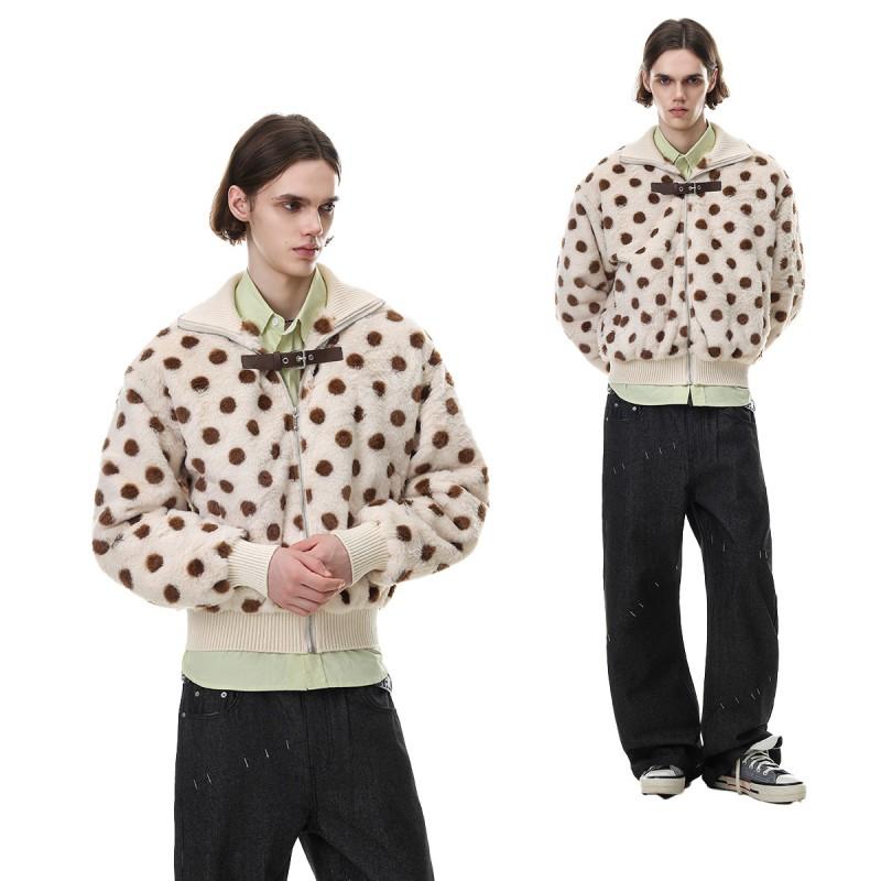 Womens Loose Fit Winter Cotton Coat Fleece Lined Polka Dot Stand Collar Casual Retro Style