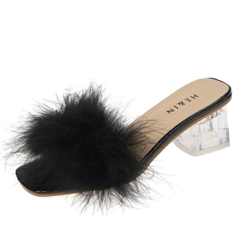 Fashion Mules Sandal Women Summer Outdoor Fashion Slippers Square Toe High Heels Office Ladies Feather Slides Chic Classics Furry Shoes